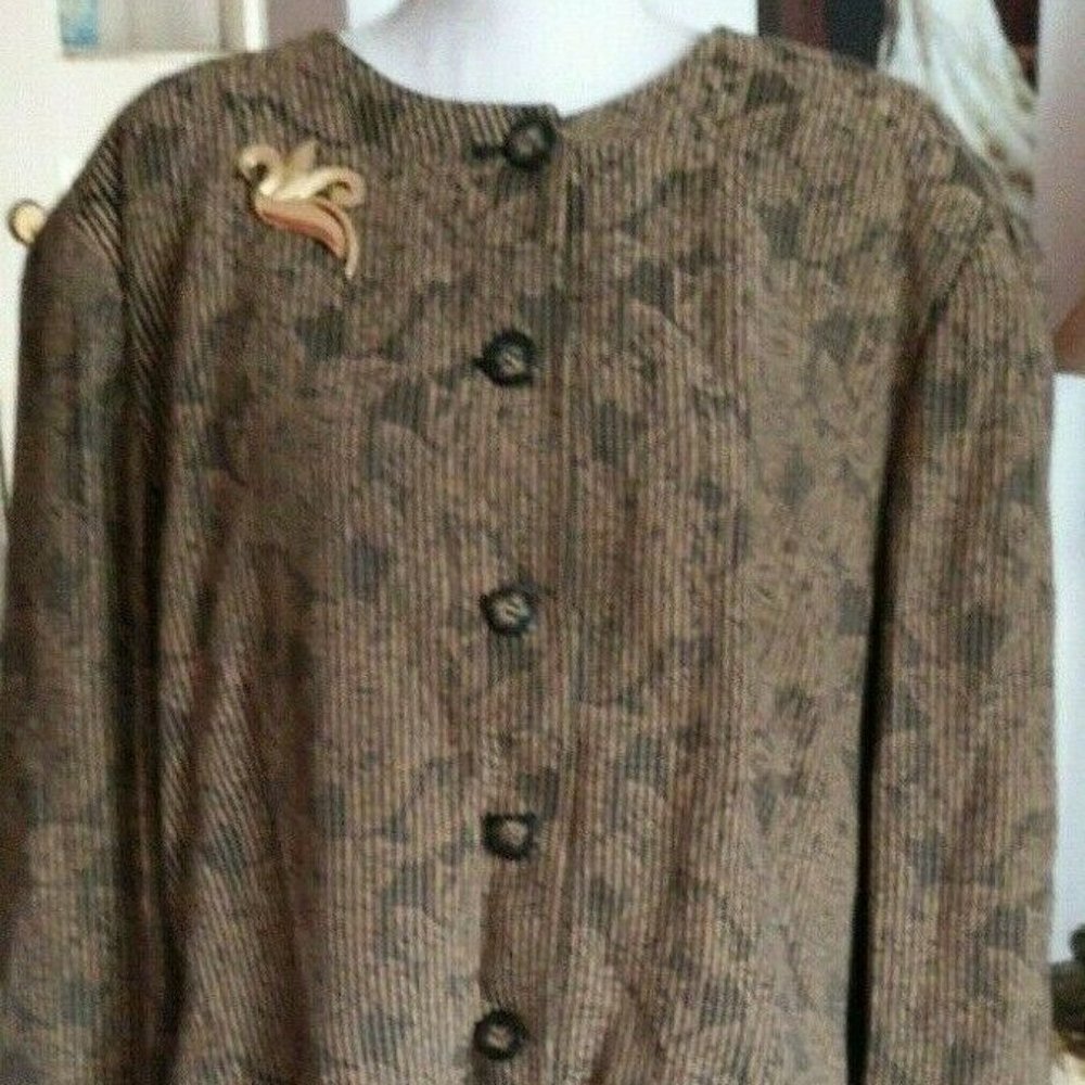 JONES NEW YORK ~ Woman's Dressy Black Gold Floral Striped Pattern Ladies Jacket